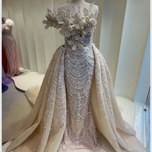 Boutique Gala HOT SALE Autumn Spring Luxury Rose Madder/Champagne Color S-3XL Plus Size 3D Floral Beaded Mermaid Evening Gown with Detachable Overskirt Formal Color Wedding Party Dress Celebrities Red Carpet Gowns