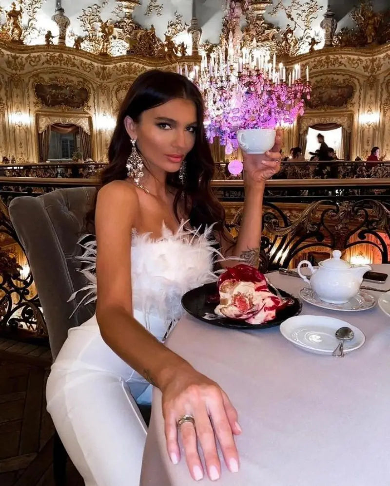 NEW Arrivals Luxury Women Female Elegant Long Jumpsuit Strapless Slash Neck Feather Tube Top Sexy Summer Evening Business Dinner Autumn Night Clubwear Party Girls Ladies Luxury Fashion Clothing Supplies