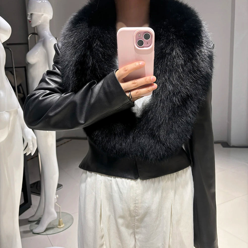 Genuine Sheepskin Real Leather Fox Real Fur Jacket Pure White/Black/Dark Brown/Pink Color Long Sleeve Premium Women Leather Jacket with Natural Fox Fur Collar Autumn Winter Girls Clothes