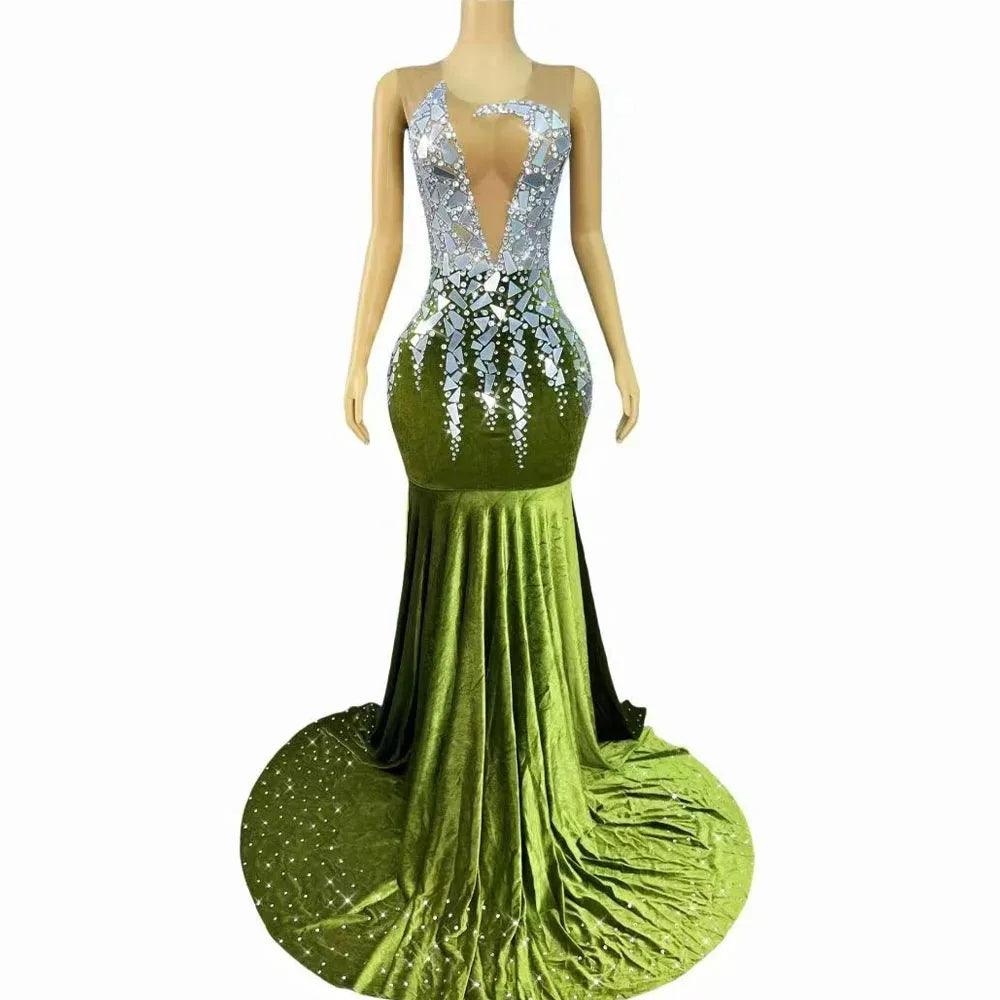 Boutique HOT SALE Ladies Luxury High-End Off-The-Shoulder Bodycon Floor-Length Flashing Silver Mirrors Rhinestones Crystal Elegant Red Carpet Celebrities Wedding Guest Evening Party Prom Gown Maxi Dress