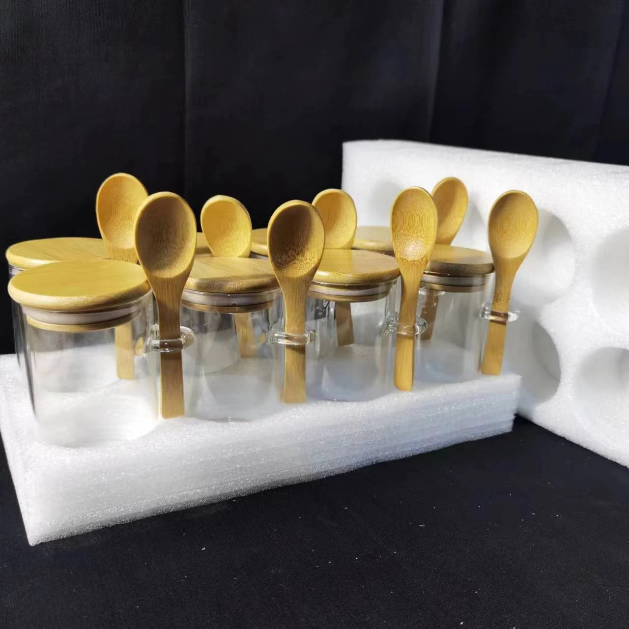 NEW Arrivals 10 PCS Set 10oz Bamboo Wood Lids and Spoons High Borosilicate Glass Food Storage Tank Kitchen Grain and Spice Storage Tank Containers Kitchenware Accessories Preparing Cooking Tools Sets