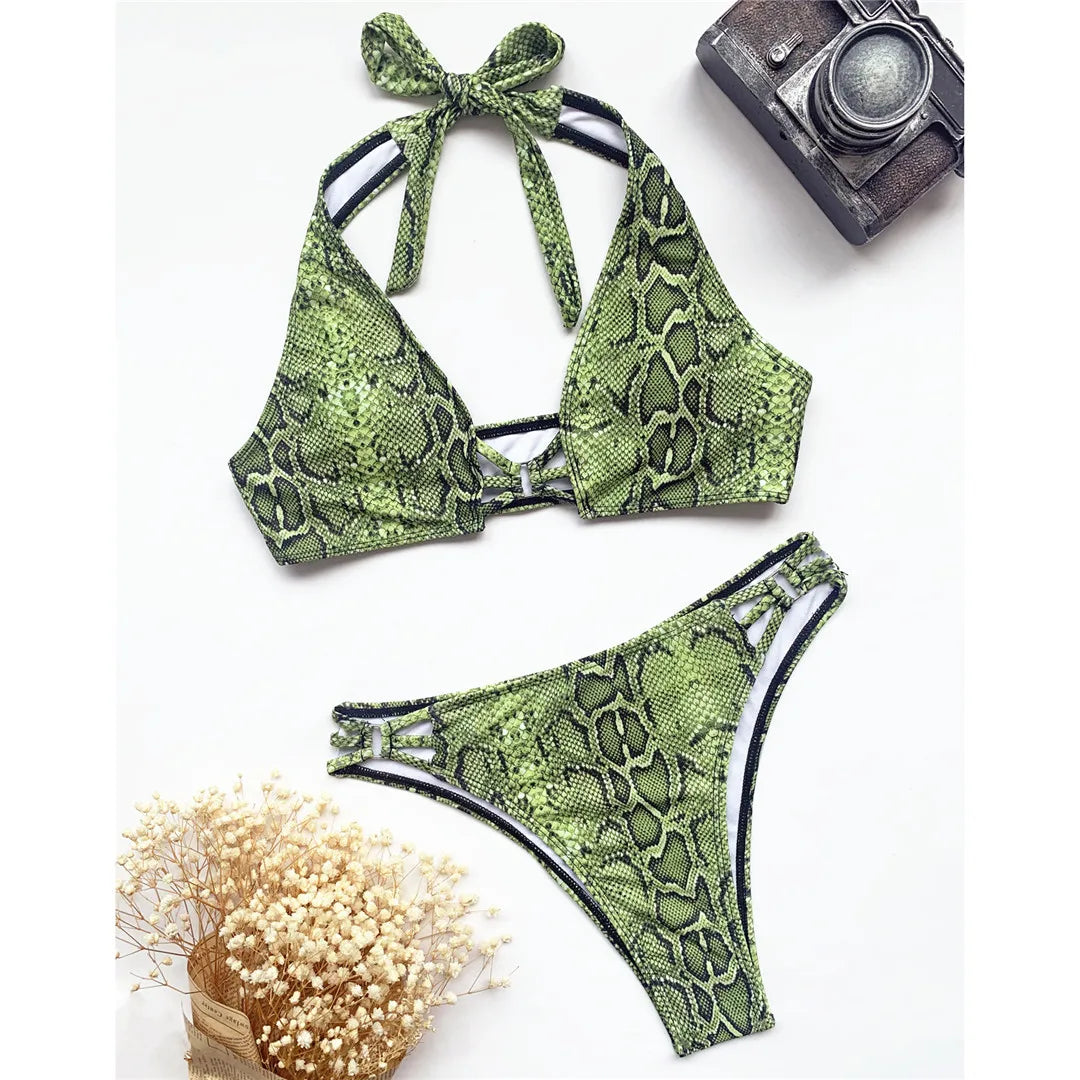 Sexy Snake Skin Halter High Leg Cut Bikini Female Swimsuit Women Swimwear Two-pieces Bikini set Bather Bathing Suit Swim K3144