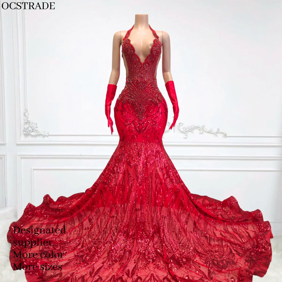 Boutique Gala HOT SALE 15 Colors High Quality Sexy See Through Shiny Sequined Women Evening Prom Dresses Elegant Halter V Neck Sexy Transparent Red Mermaid Ball Gown With Gloves Red Carpet Opera Concerts Celebrities Ladies Lu