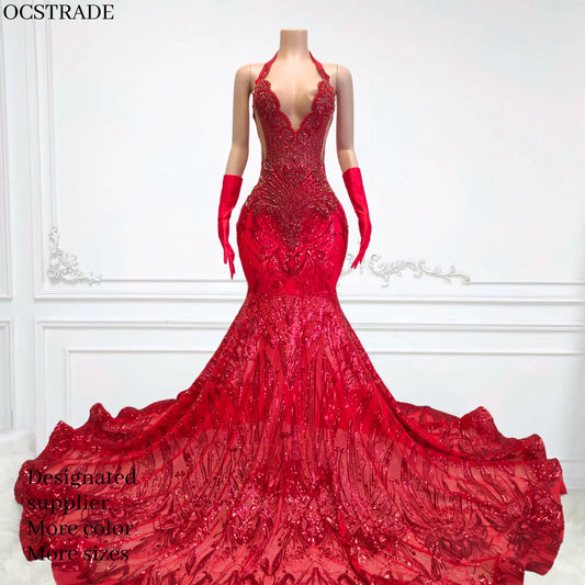 Boutique Gala HOT SALE 15 Colors High Quality Sexy See Through Shiny Sequined Women Evening Prom Dresses Elegant Halter V Neck Sexy Transparent Red Mermaid Ball Gown With Gloves Red Carpet Opera Concerts Celebrities Ladies Lu