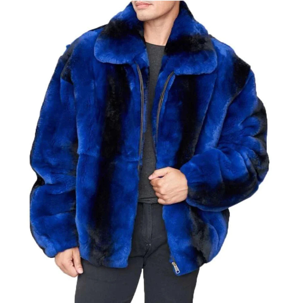 New Design S-3XL Plus Size Men's Winter Fur 100% Chinchilla & Red Color Jacket Casual Fashion Real Rex Rabbit Fur Overcoat with Long Zipper Real Fur Coat Bomber Style Men Luxury Apparel Supplies