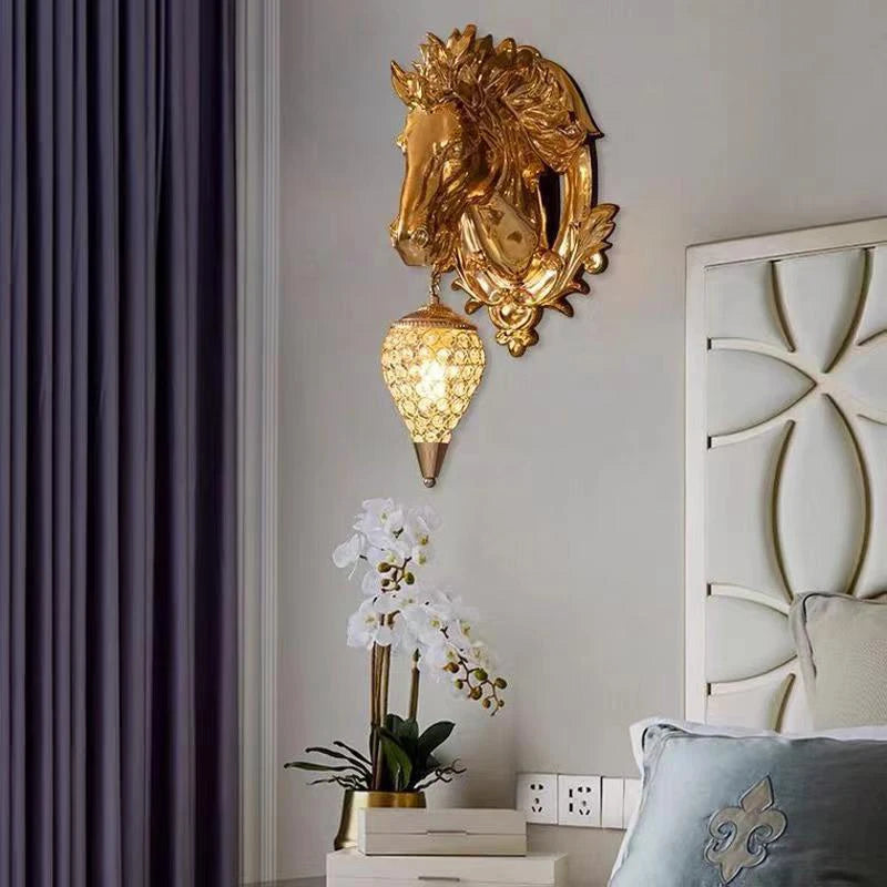 Villa Home Luxury Art Creative Decoration 55/61cm Contemporary Resin Horse Wall Lamp LED Creative Luxury Gold Sconce Light for Decor Home Living Room Bedroom