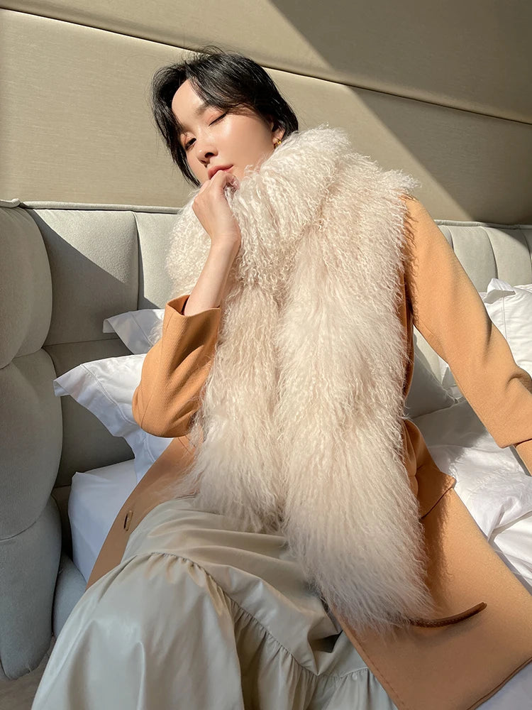 175cm Long 4 Colors Top Quality Mongolian and Tibet 100% Natural Sheep Fur 175cm Big Shaggy Scarf Double-Sided Long Thickened Winter Whole Skin Real  Fur Collar Evening Business Party Prom Ladies Luxury Apparel Accessories.
