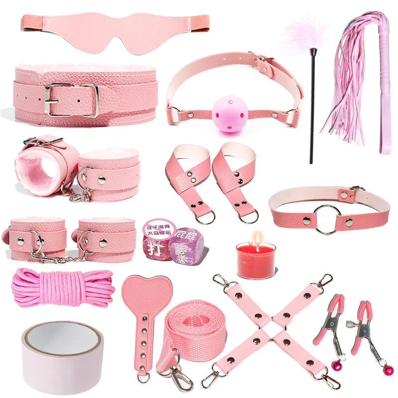 18 PCS Set 4 Colors BDSM  Fetish Sex Party Binding Handcuffs Leather Whip Anal Plug Adult Couples Intercourse Sex Toys Sex Play Tools Set