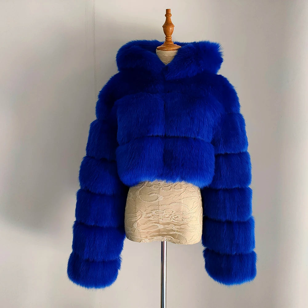 NEW Arrivals S-3XL Coffee/Dark Gray/Black Fashion Women Environmental Red Faux Fox Fur Coat with Hood Thick Warm Full Pelt Fake Fur Jacket Short Winter Woman Fur Coat Ladies Girls Luxury Fashion Clothing Supplies