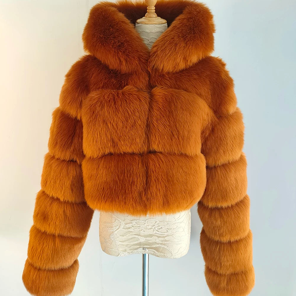 NEW Arrivals S-3XL Coffee/Dark Gray/Black Fashion Women Environmental Red Faux Fox Fur Coat with Hood Thick Warm Full Pelt Fake Fur Jacket Short Winter Woman Fur Coat Ladies Girls Luxury Fashion Clothing Supplies