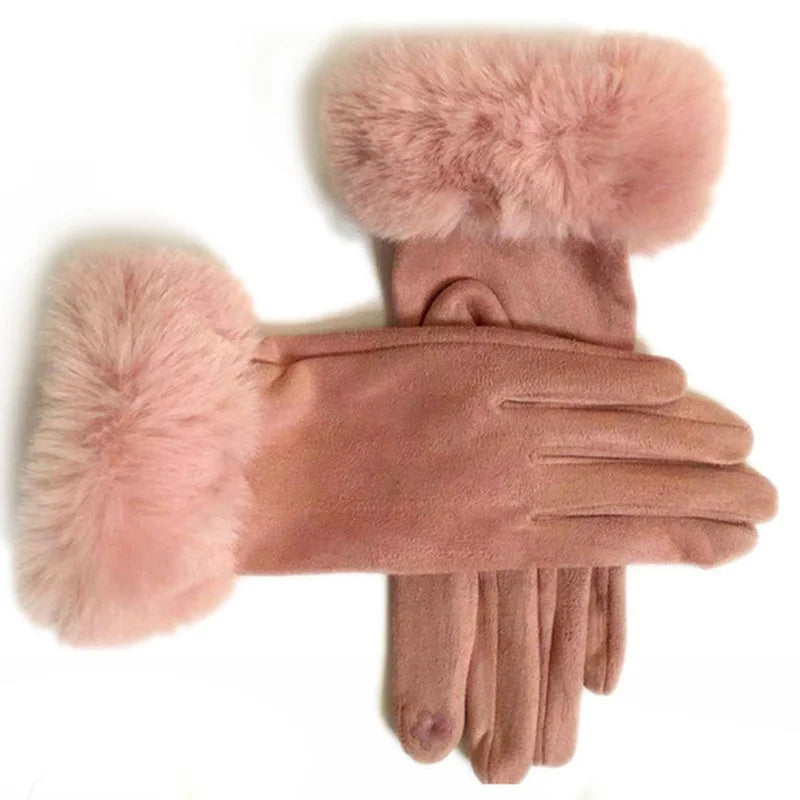 NEW Arrivals 18 Colors Women Faux Rabbit Fur Wrist Suede Leather Touch Screen Driving Glove Winter Warm Plush Thick Full Finger Cycling Black Mitten H92 Women Ladies Luxury Fashion Apparel Accessories