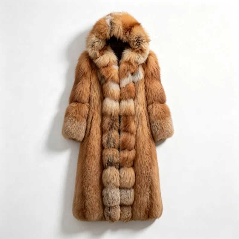 S-5XL Plus Size 4 Colors Premium Ladies Winter Luxury Hooded Artificial Fox Fur Coat Long Thick Warm Fluffy Fur Overcoat Women's Fashion Winter Outerwear Windproof Jacket Faux Fur Coats