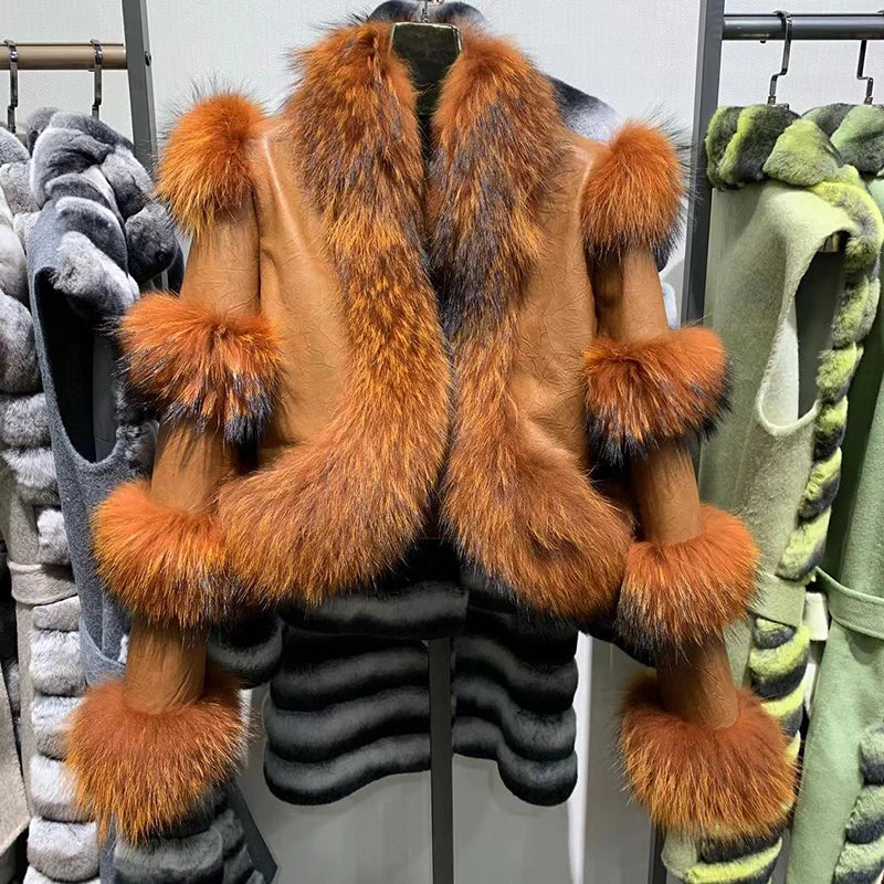 NEW Arrivals 8 Colors 100% Real Sheep Leather Croco Pattern Women's Jacket Natural Fur Trim Luxury Leather Fur Outerwear Coat Winter Warm Coats for Night Clubwear Evening Party Luxury Jackets Women Winter Apparel Supplies.