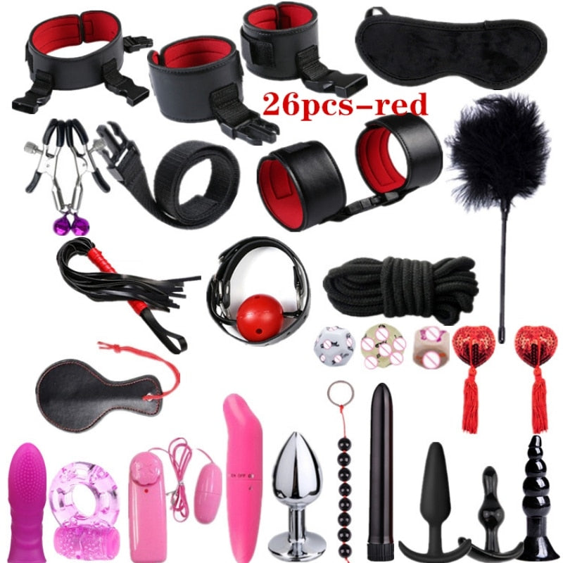 Adult leather plush bondage bundle set, gag, whip, butt plug, sex toys for women, nipple clips, erotic toys