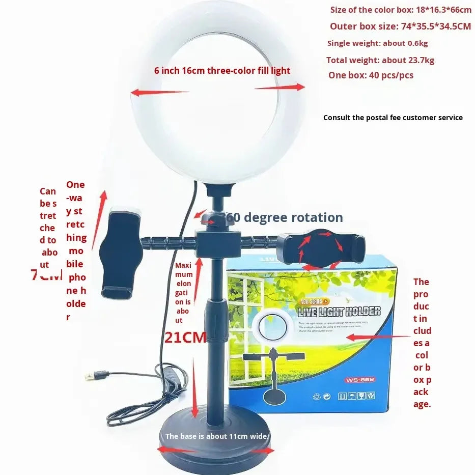 2 Phones Holder Portable Retractable Desktop Ring Light with Dual Phone Clip, Dimmable 6" LED Fill Light Stand for Live Streaming & Selfie TikTok YouTube Video Maker Vlog Social Media Tools Set