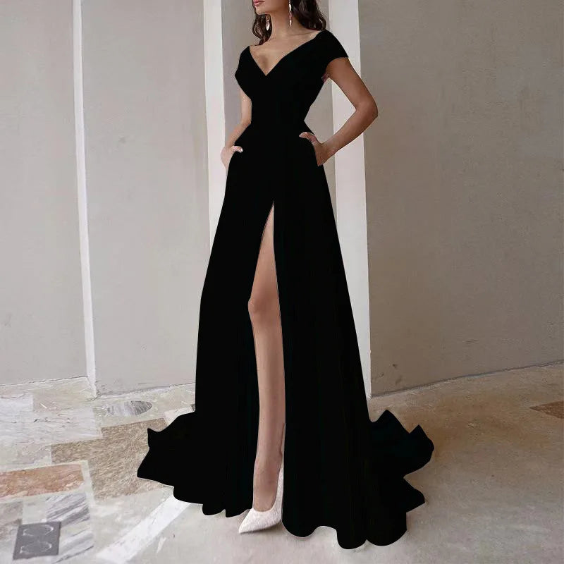 5 Colors Women Sexy V-Neck Evening Party Night Clubwear Long Maxi Dress Solid Elegant Sleeveless High Slit Dress Lady Fashion Off Shoulder Pleated Gown Ladies Sexy Apparel Supplies