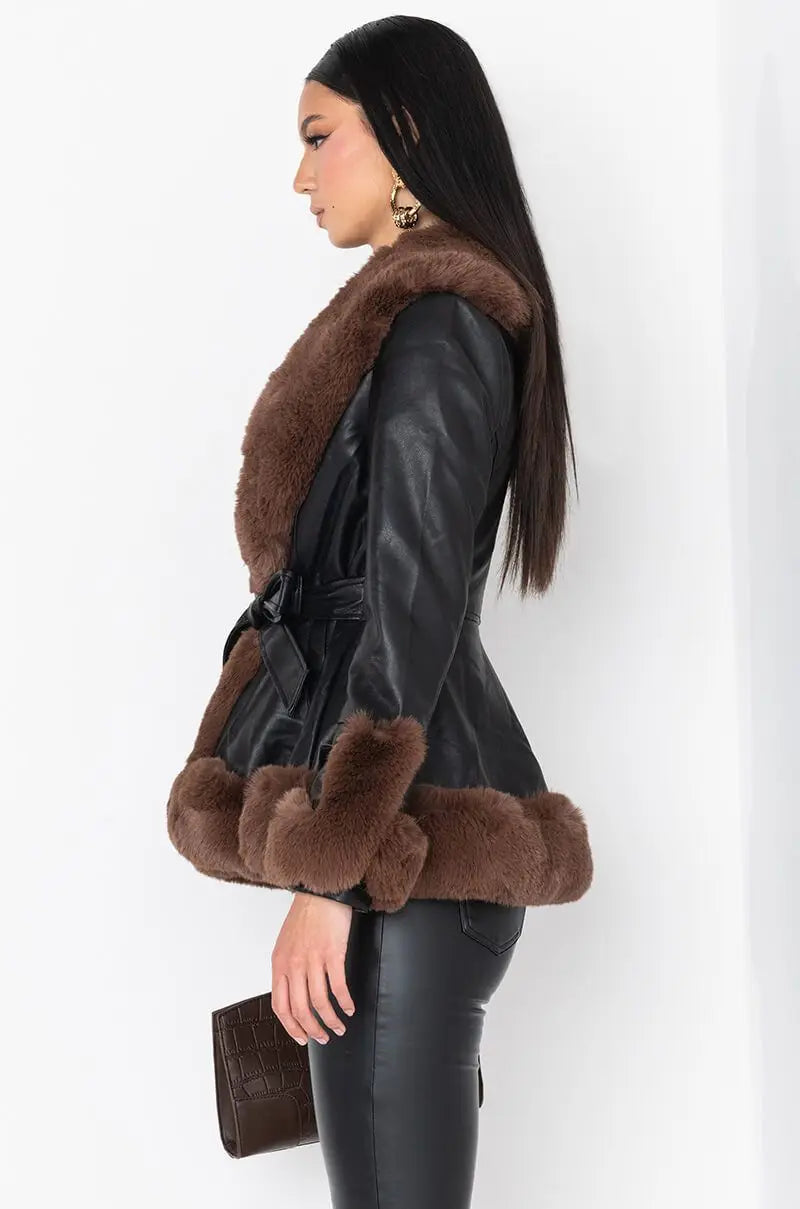 S-4XL Plus Size Brown/Black Color Women's Elegant Waterproof Soft Faux Fur Trimmed Leather Trench Coat Fox Fur Collar Double Breasted Button Detail Autumn/Winter Outerwear Jacket.