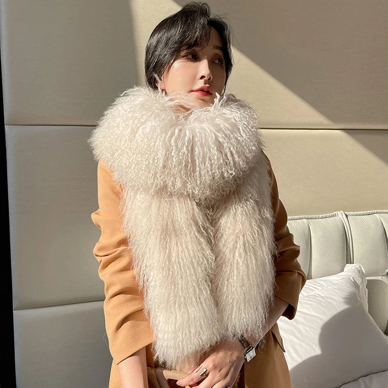 175cm Long 4 Colors Top Quality Mongolian and Tibet 100% Natural Sheep Fur 175cm Big Shaggy Scarf Double-Sided Long Thickened Winter Whole Skin Real  Fur Collar Evening Business Party Prom Ladies Luxury Apparel Accessories.