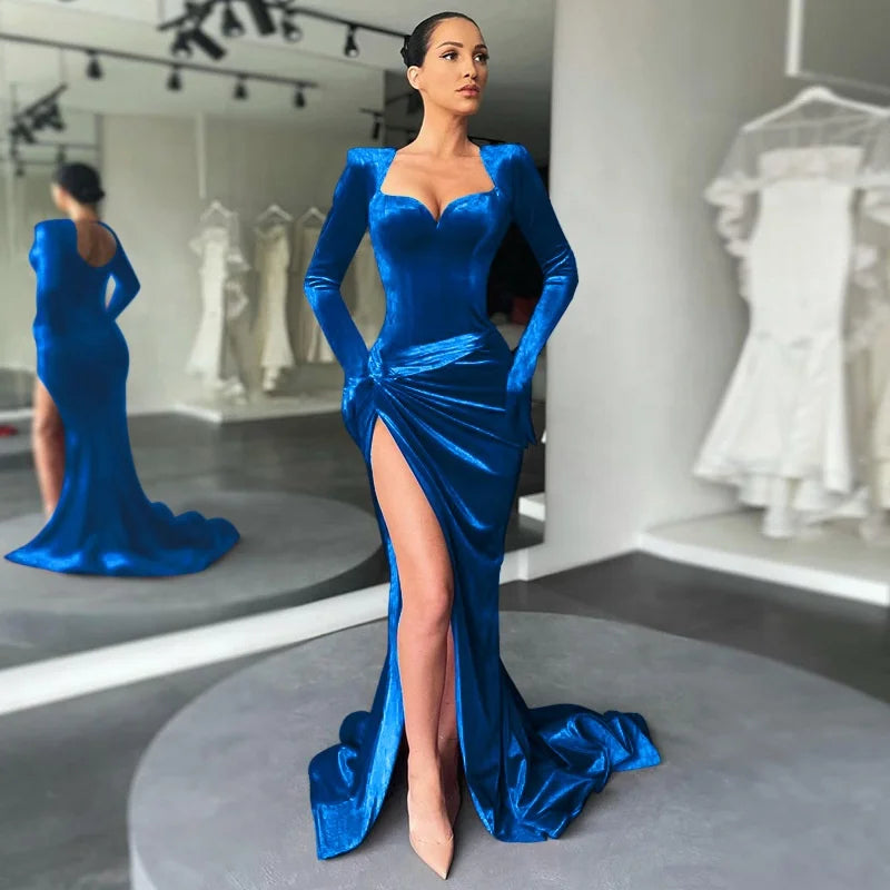 Boutique Gala HOT SALE Black/Blue/Pink/Green/ Red Color Luxury Velvet Evening Party Women Celebrities Red Carpet Wedding Guest Sexy V-Neck Long Sleeve Sweep Train Velvet Gown, Business Dinner Prom Ladies Luxury Apparel Suppli
