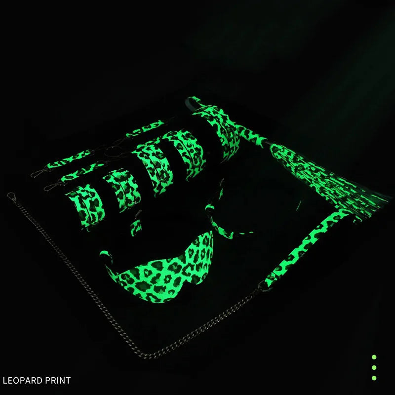 7/8 PCS Set Glow in the Dark BDSM Restraints Collar Handcuffs Blindfold Leopard Luminous Bondage Kit Sex Toys for Couples Fetish Sex Party Tools Set