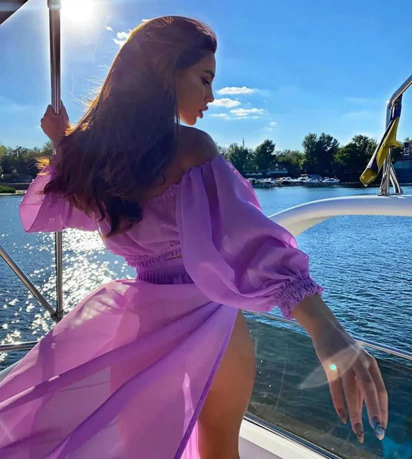 NEW Arrivals 2PCS Set  8 Colors Women Beach Bikini Cover-Ups Swimsuit Off Shoulder Top+ High Waist Dress Sexy Ladies Swimming Cover Up Bathing Suit