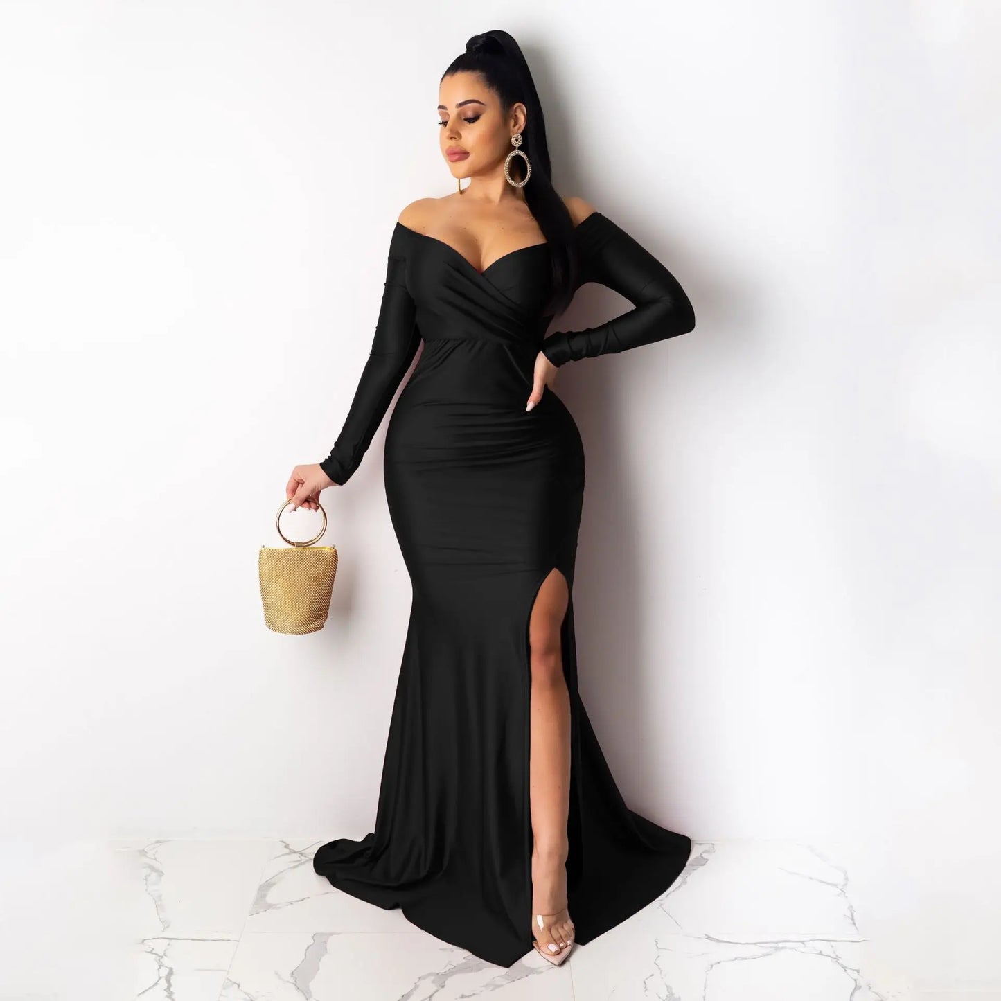 New Arrival S-2XL Women Luxury Gowns Wedding Guest Bridesmaid Evening Dresses High Slit Long Sleeve V-Neck Maxi Dress Ladies Long Party Dresses Women Luxury Apparel Supplies