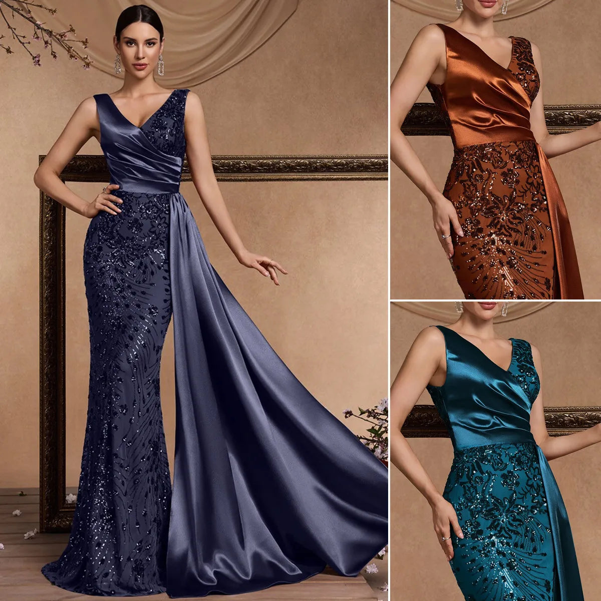 Mother of the Bride S-2XL Women's Luxury Satin Gowns for Women Evening Dresses Elegant V-Neck Sleeveless Sequin Mermaid Bridesmaid Dresses Wedding Party Dress Ladies Luxury Apparel Supplies