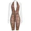 New Spring Summer Sexy Backless Jumpsuit for Women Halter Neck Deep V Snakeskin  Print Shorts Playsuit Women Sexy Apparel Accessories