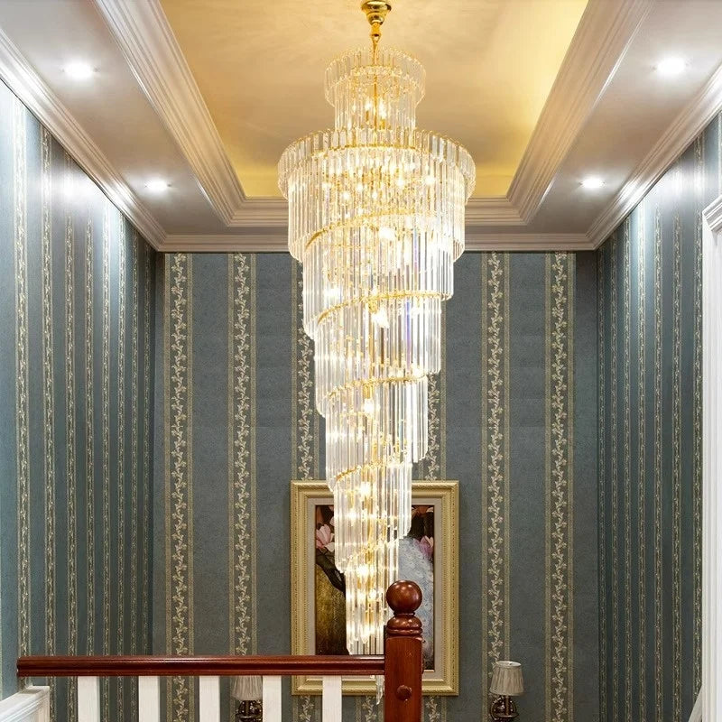 HOT SALE Villa Salon Home Hotel Lobby Art Decoration Large Long Customized Luxury K9 Crystal Golden Chandelier for Villa Stair Restaurant Decoration Pendant Lights Living Room Staircase Top Quality Crystal Chandelier Lighting