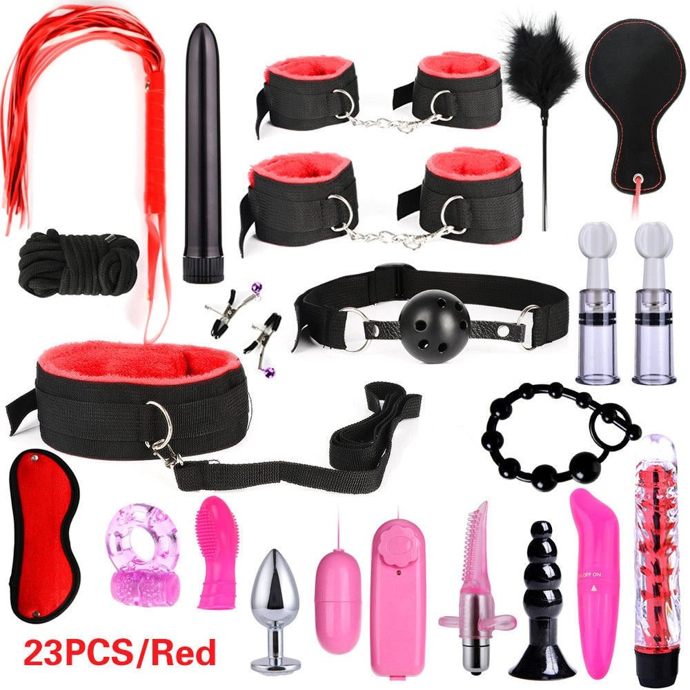 Adult leather plush bondage bundle set, gag, whip, butt plug, sex toys for women, nipple clips, erotic toys