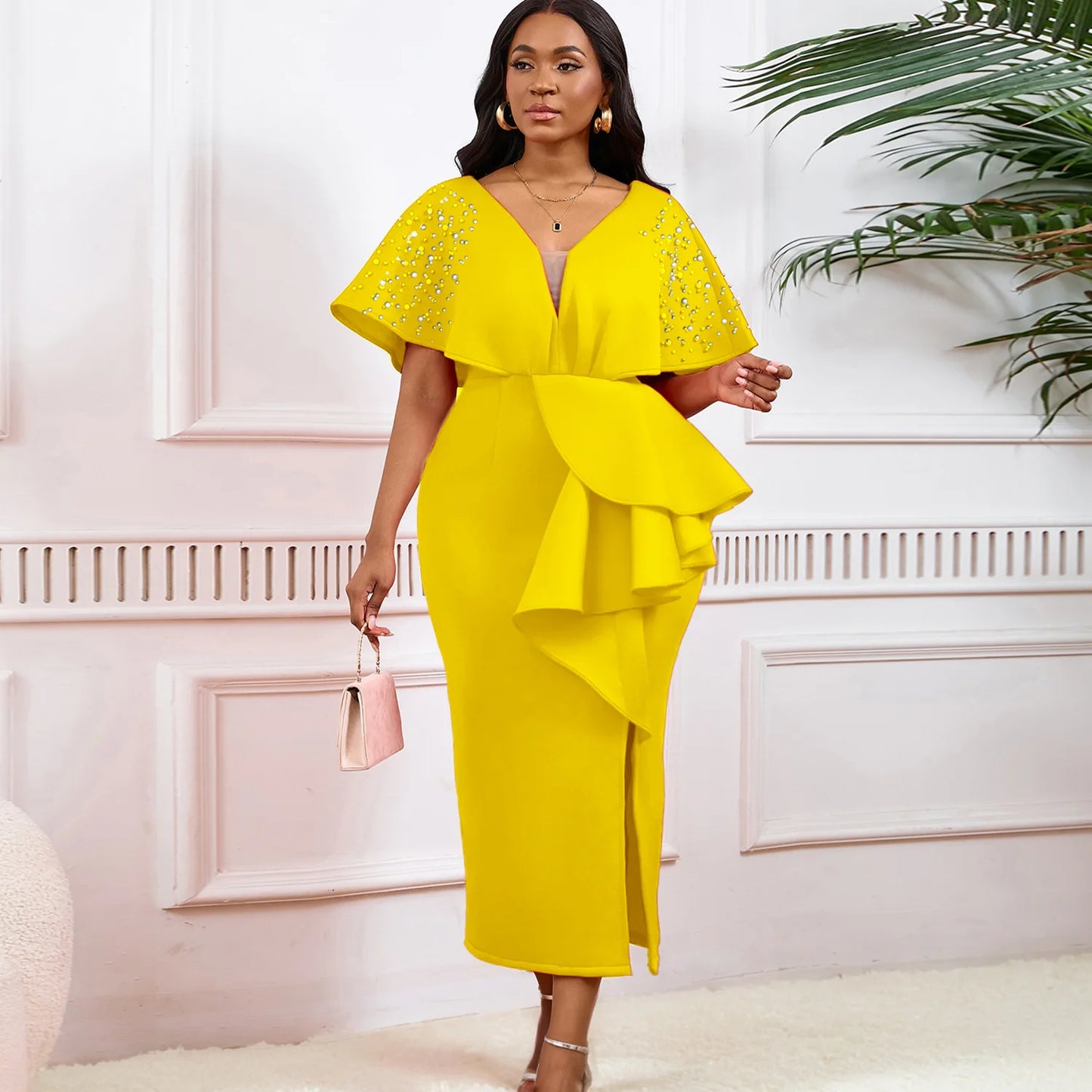 S-3XL Plus Size Women's Latest Design Spring Autumn Summer Sexy Fashion Evening Party Dress Women Sexy V-Neck Ruffle Split Beaded Elegant Evening Dresses Ladies Clothing Supplies