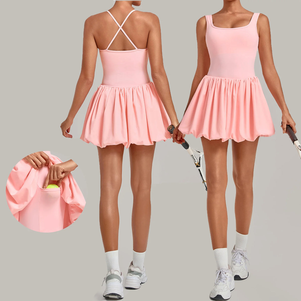 12 Colors S-XL Women's Professional Tennis Dress Cross Back U-Shape Backless Top Fluffy Pleated Skirt With Pocket Running Fitness Tennis Dress Women Sports Clothing Supplies