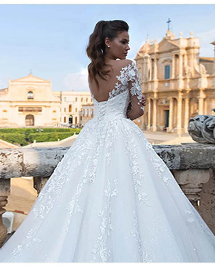 Plus Size V-Neck Luxury Long Sleeves Wedding Dress Customized Dress Wedding Beaded Lace Fabric White Bridal Gowns Modest Long Sweep Train  Wedding Dress