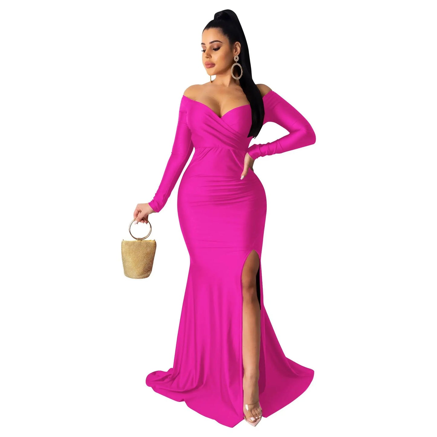 New Arrival S-2XL Women Luxury Gowns Wedding Guest Bridesmaid Evening Dresses High Slit Long Sleeve V-Neck Maxi Dress Ladies Long Party Dresses Women Luxury Apparel Supplies