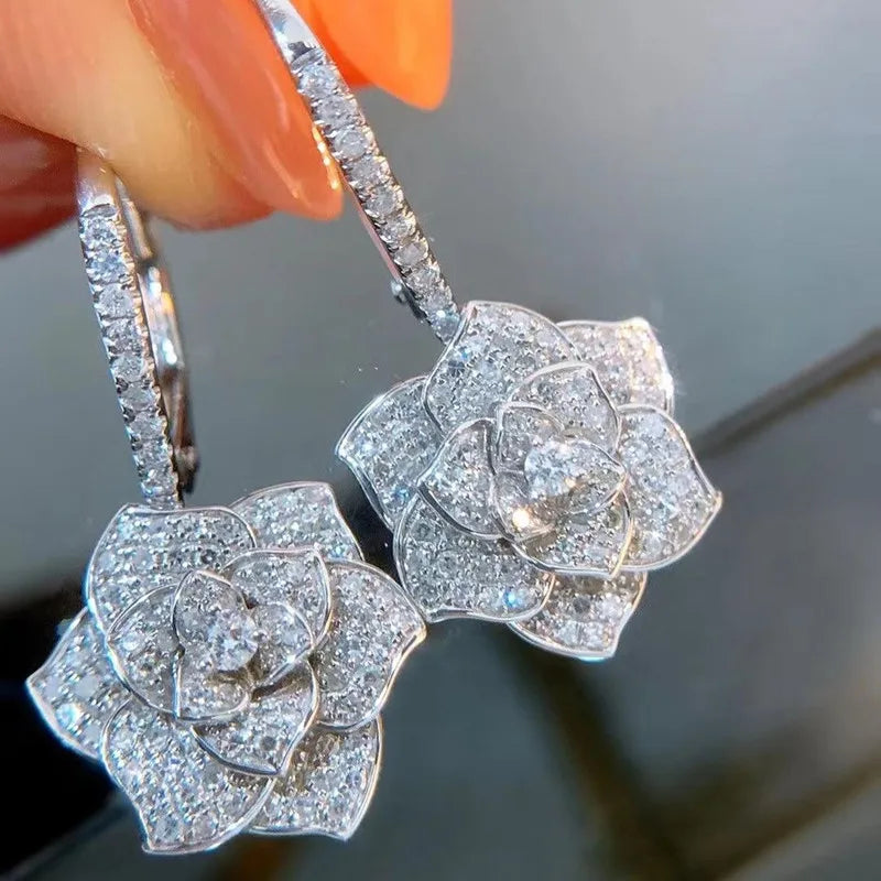NEW Arrivals Belgian Fashion Luxury Golden/Silver Flower Earrings for Women Full Cubic Zirconia Bling Bling Female Ear Accessories Dance Party Novel Jewelry Sets