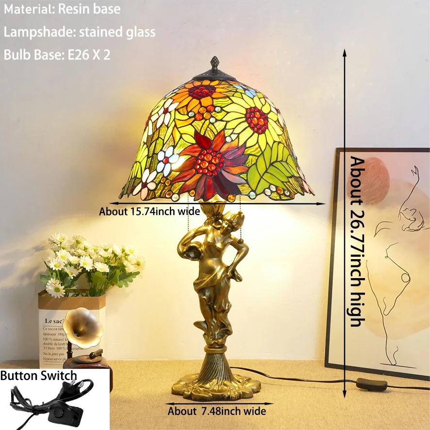 Villa Home Luxury Tiffany Lamps 16 Inch Wide Stained Glass Lampshade Bedroom Bedside Lamp, Bar Study, Living Room Decoration Desk Lamp Lights