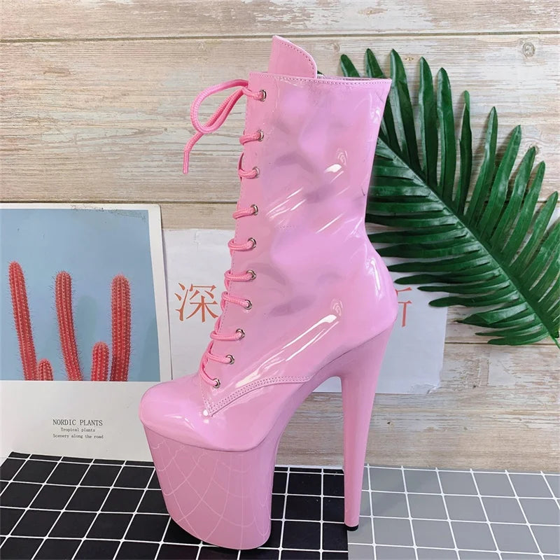 Black/White/Pink/Red Color Women's Platform Lace-Up ZIP Closure Ankle Bootie Boots 8inch-20CM Thin Heel Waterproof PU Leather Upper  Red Height Increasing Night Clubwear Pole Dance Women Shoes