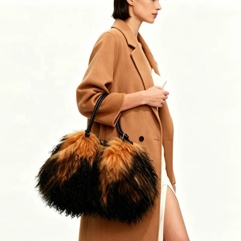 5 Colors Luxury Winter Ombre Faux Fur Leather Hobo Shoulder Tote Bag Women Single Strap Two-Tone Black Camel Fluffy Large Capacity Luxury Bags Ladies Apparel Accessories