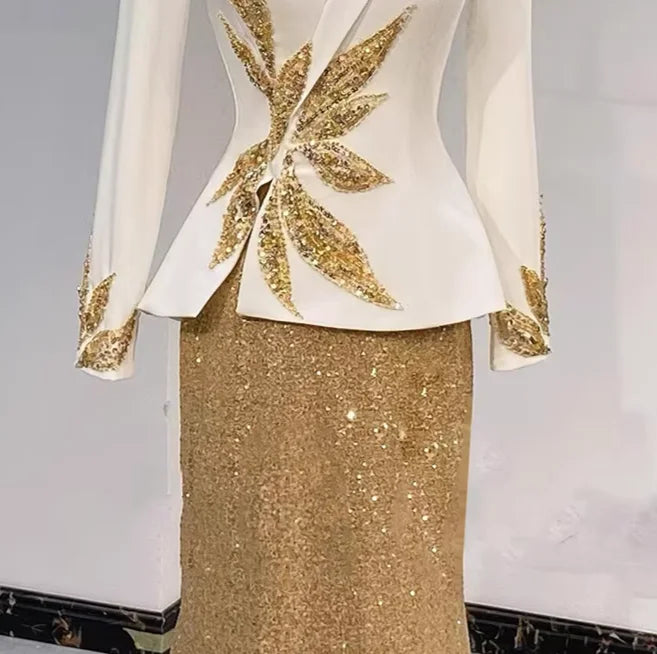 Mother of Bride White & Gold Luxury Blazer-Style Dress Embroidered Sequined Mermaid Floor-Length Vintage Evening Wedding Party Business Dinner Gown Ladies Luxury Apparel Supplies