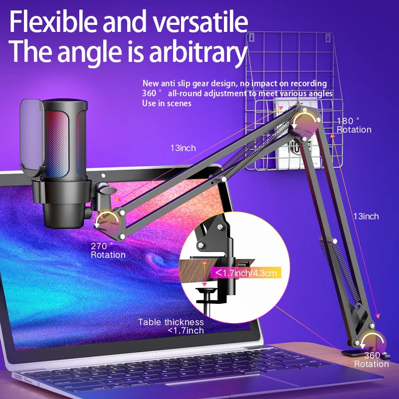 Professional USB/Type-C Metal Condenser Microphone Adjustable Boom Arm RGB Lighting One-Touch Mute Gain Control for Live  Streaming Podcast