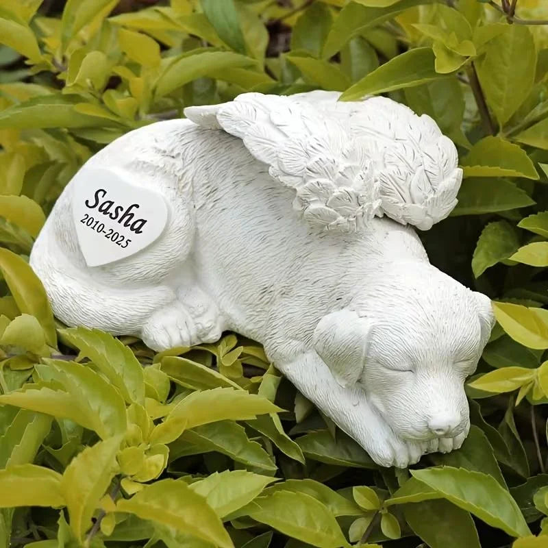 White Angel Dog Memorial Resin Commemorative Figurine Handmade Realistic Texture Engraved Words Gentle Resting Pose Indoor Outdoor Garden Lawn Courtyard Pets Memorial Supplies