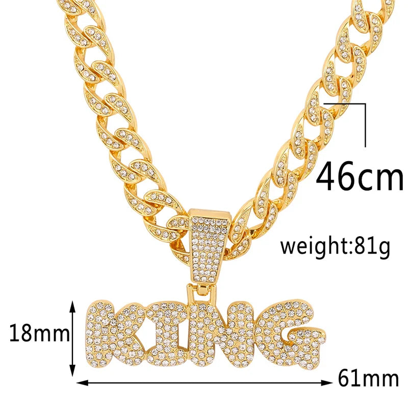 Rapper's Hip Hop KING Letters Pendant Necklace with Miami Cuban Chain Iced Out Bling Hip Hop Rave Rapper's Night Club Party Gangs Necklaces Male Charm Jewelry Gifts Accessories