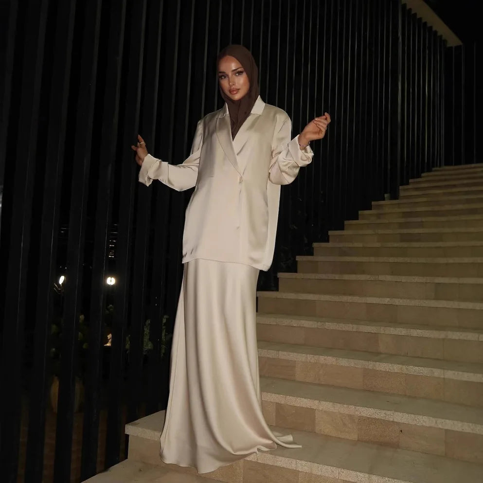 5 Colors XS-3XL Plus Size Islamic Middle East Women's Luxury Satin Dress Suit  Loose High Waist Modest Abaya Set Ankle Length Long Sleeve Elegant Fishtail Wedding Guest Birthday Evening Party Maxi Gowns Muslim Women's Clothin