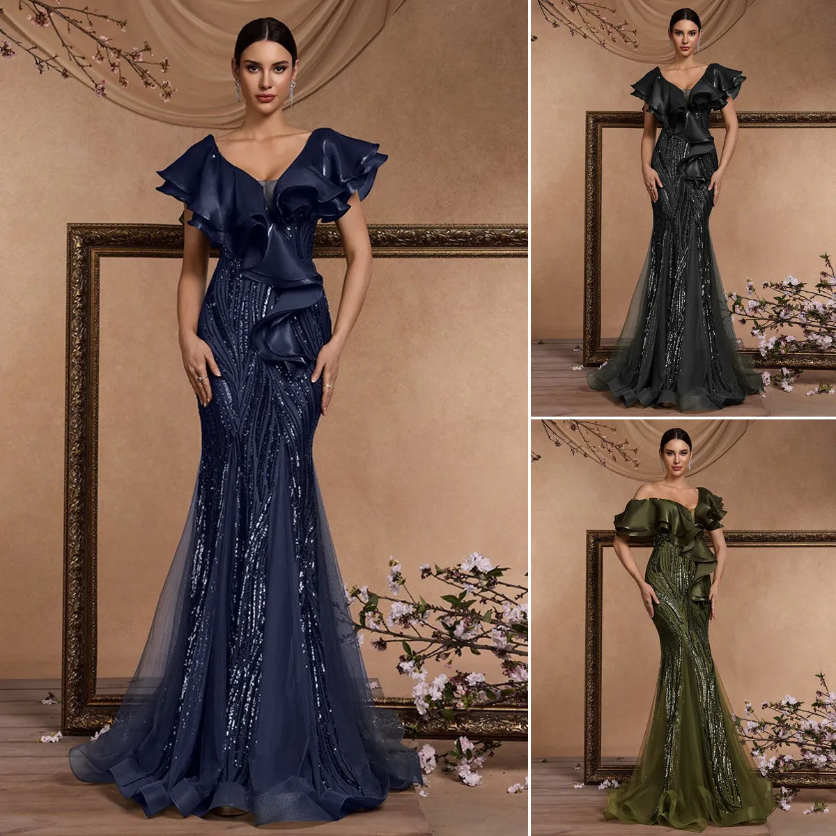 Mother of  Bride Luxury Gowns 3 Colors for Women Evening Wedding Guest Party Dresses Elegant Ruffle Sleeve Sequin Backless Formal Dress Mermaid Gowns Ladies Formal Apparel Supplies
