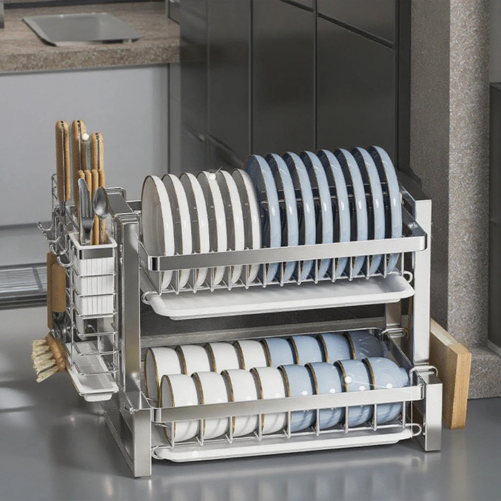Double-Layer Stainless Steel Dishes Plates Storage Rack Kitchen Countertop Rustproof Folding Drain Rack Countertop Dryer Dish Organizer Kitchenware Supplies