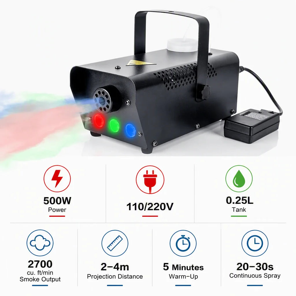 NEW Arrivals Professional Mini 500W LED Electric Wireless Remote Control Fog Machine R/G/B Stage Party Bar Wedding Birthday Party Special Events Smoking Machine