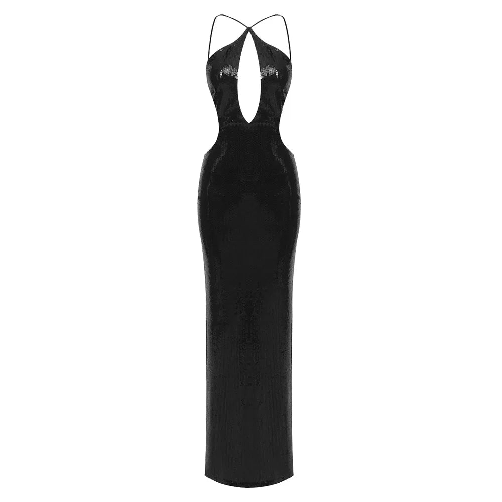 BEST PRICE  Luxury Top Quality Black/Golden Color Boutique Hot Sale Women Sexy Sleeveless Evening Party Wedding Guest Business Night Prom  Halter Sequin Backless Maxi Dresses Formal Gowns