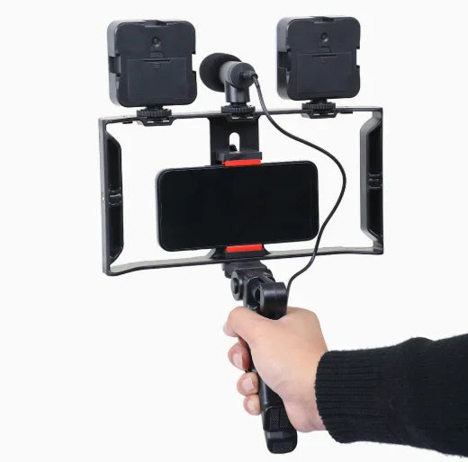 Handheld Phone Video Cage Kit Dual LED Fill Light Shotgun Wired Microphone Smartphone Rig for Vlogging Live Streaming Studio Content Creation YouTube TikTok Videos Maker Social Media Tools Set