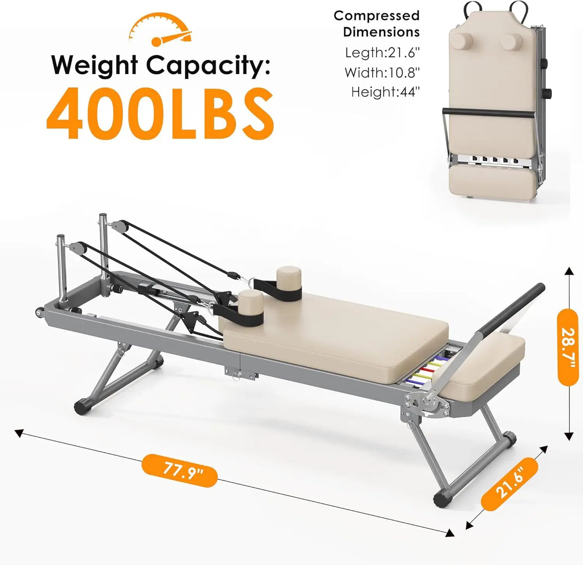 400Lbs Power Pilates Reformer Machine Home Gym System Workout Foldable Adjustable Tension High Strength Alloy Springs Beginners Sports Supplies