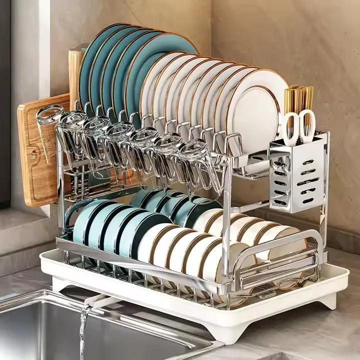Double-Layer Stainless Steel Dishes Plates Storage Rack Kitchen Countertop Rustproof Folding Drain Rack Countertop Dryer Dish Organizer Kitchenware Supplies